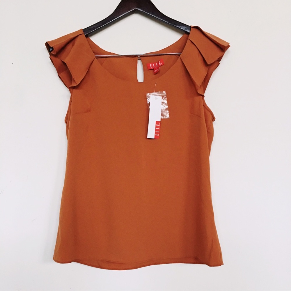 Elle | Burnt-Orange Pleated Cap Sleeve blouse